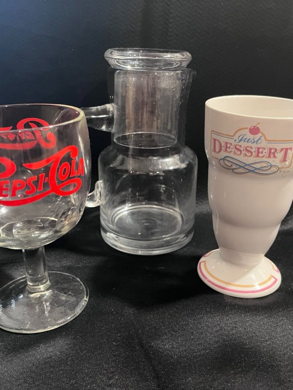 Vintage Glassware Lot | Pepsi Goblet, Clear Carafe, Just Dessert Milkshake Cup